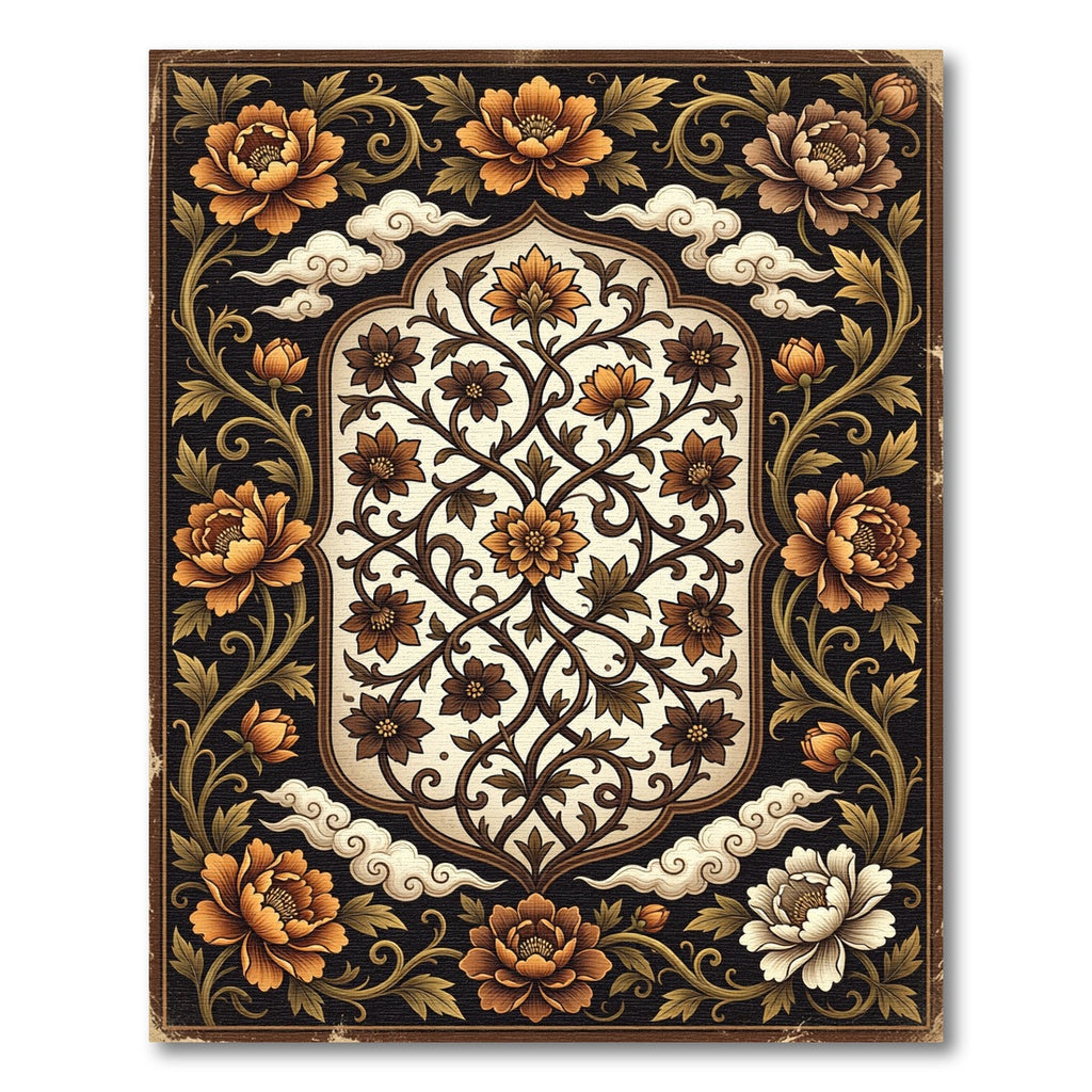 Ornate Golden Floral Scrollwork Rug
