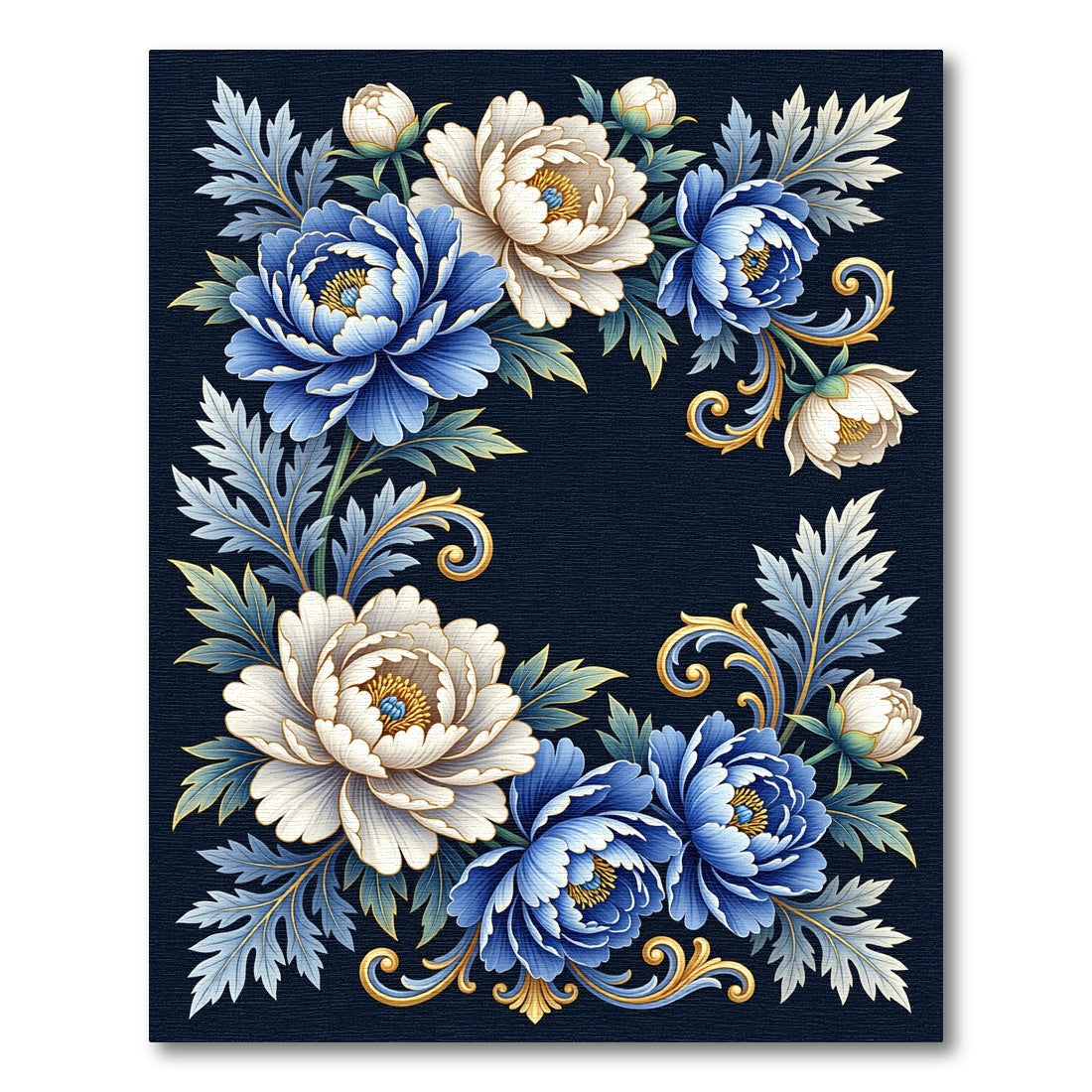Elegant Blue and Cream Floral Scroll Rug