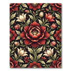 Dark Crimson Floral Botanical Arrangement Rug