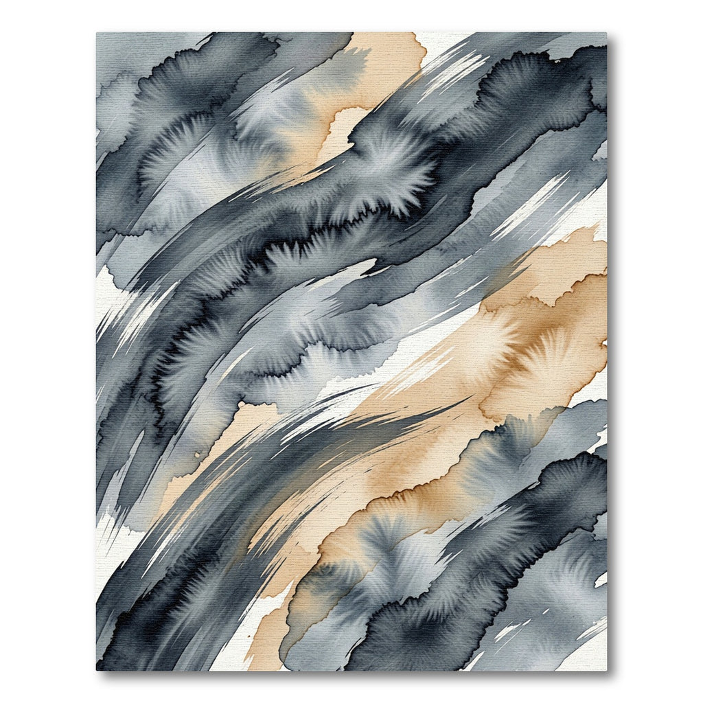 Modern Charcoal and Sand Abstract Watercolor Wave Rug