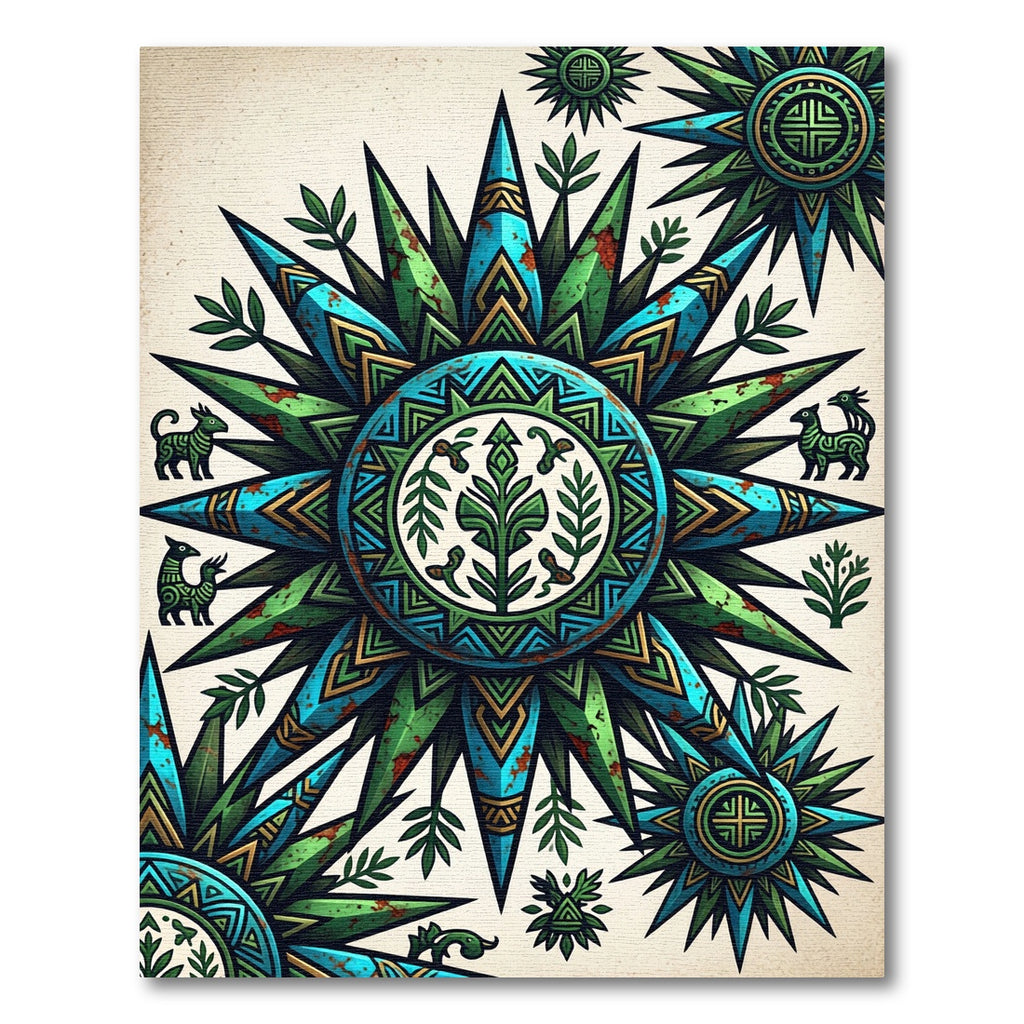 Aztec Turquoise Green Sunburst Medallion Rug