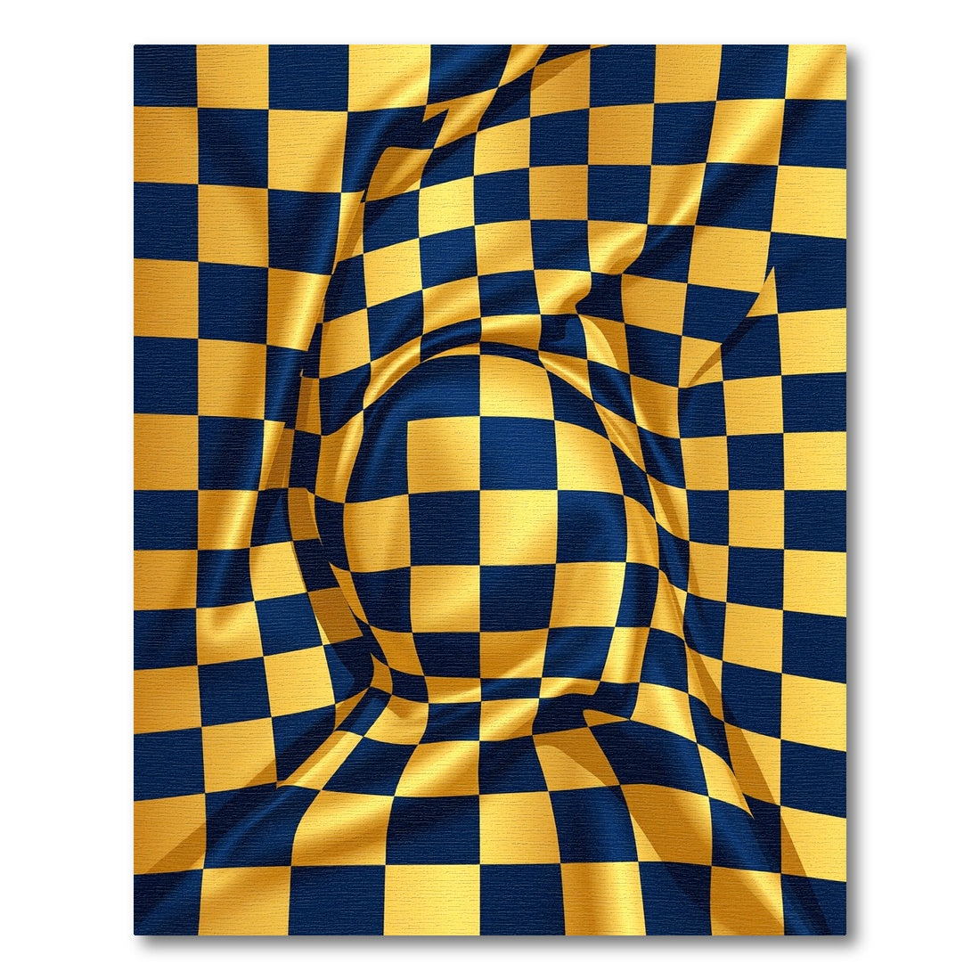 Golden Navy Blue Checkerboard Folded Illusion Rug