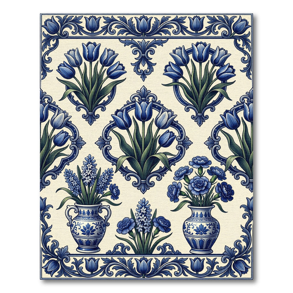 Blue Floral Delft Tulip Porcelain Arrangement Rug