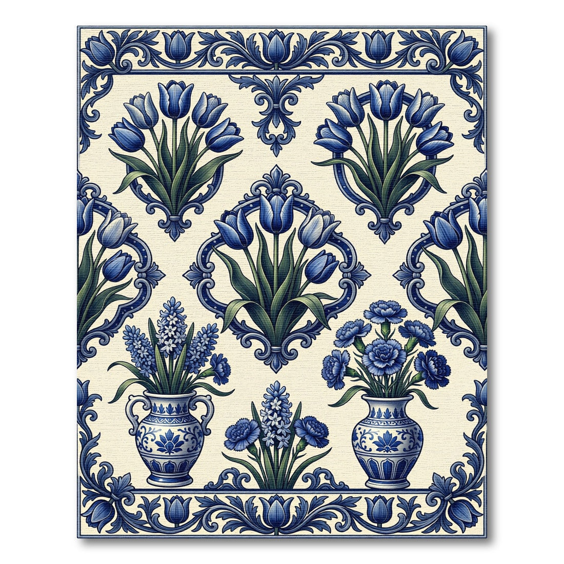 Blue Floral Delft Tulip Porcelain Arrangement Rug