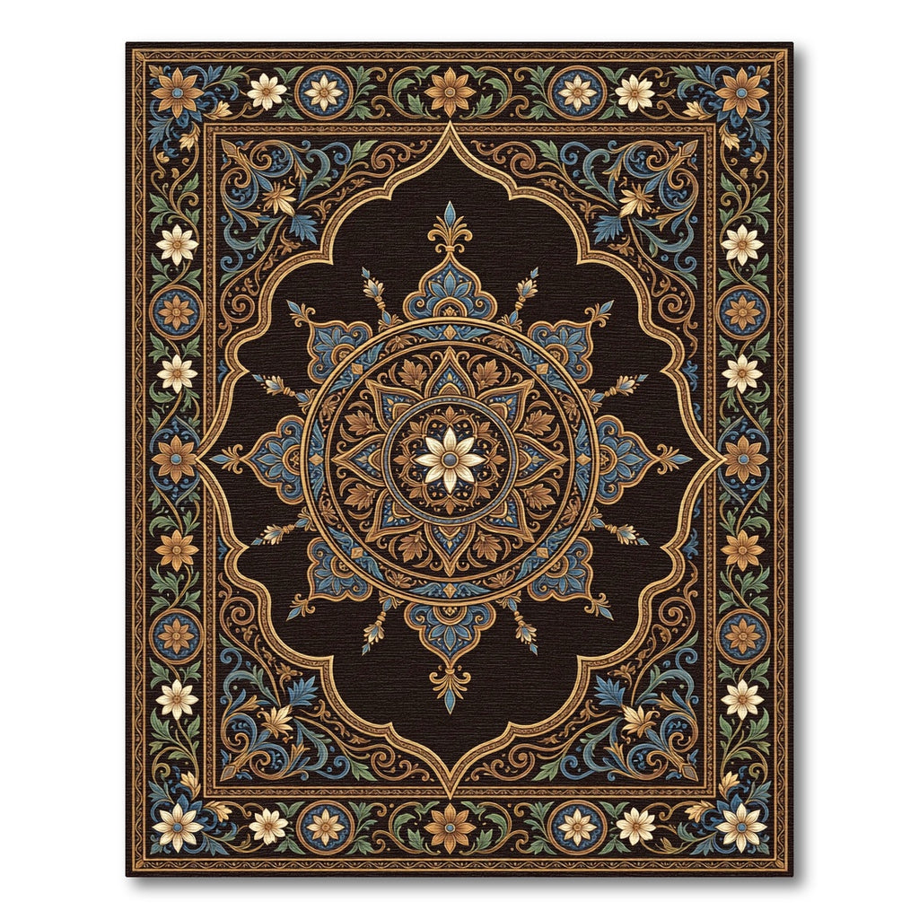 Ornate Gold Sapphire Floral Medallion Rug