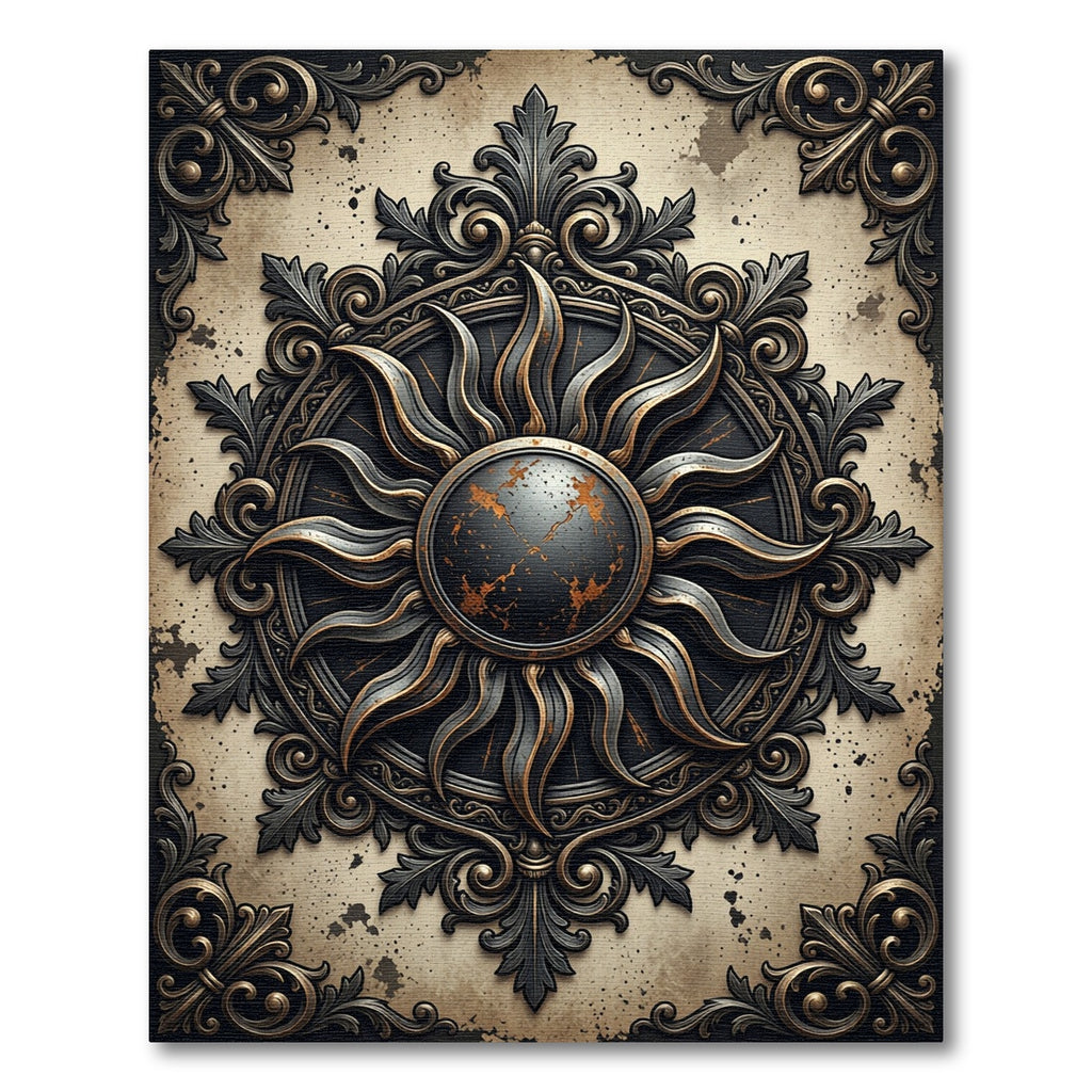 Antique Black and Gold Sun Medallion Rug