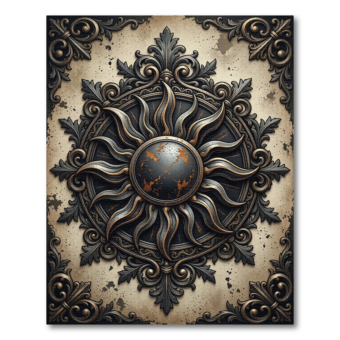 Antique Black and Gold Sun Medallion Rug