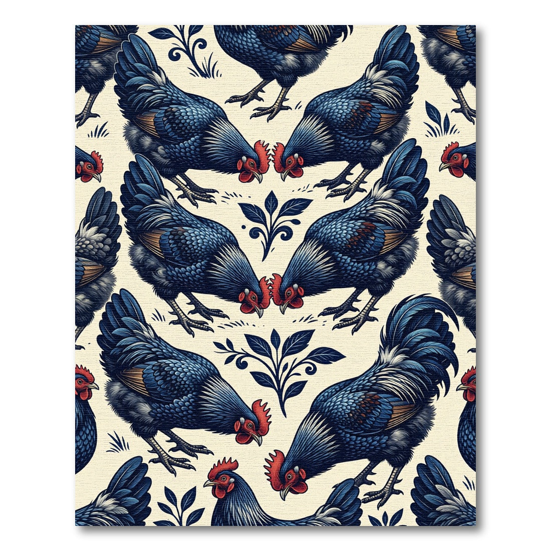 Folk Art Indigo Rooster Floral Tile Rug