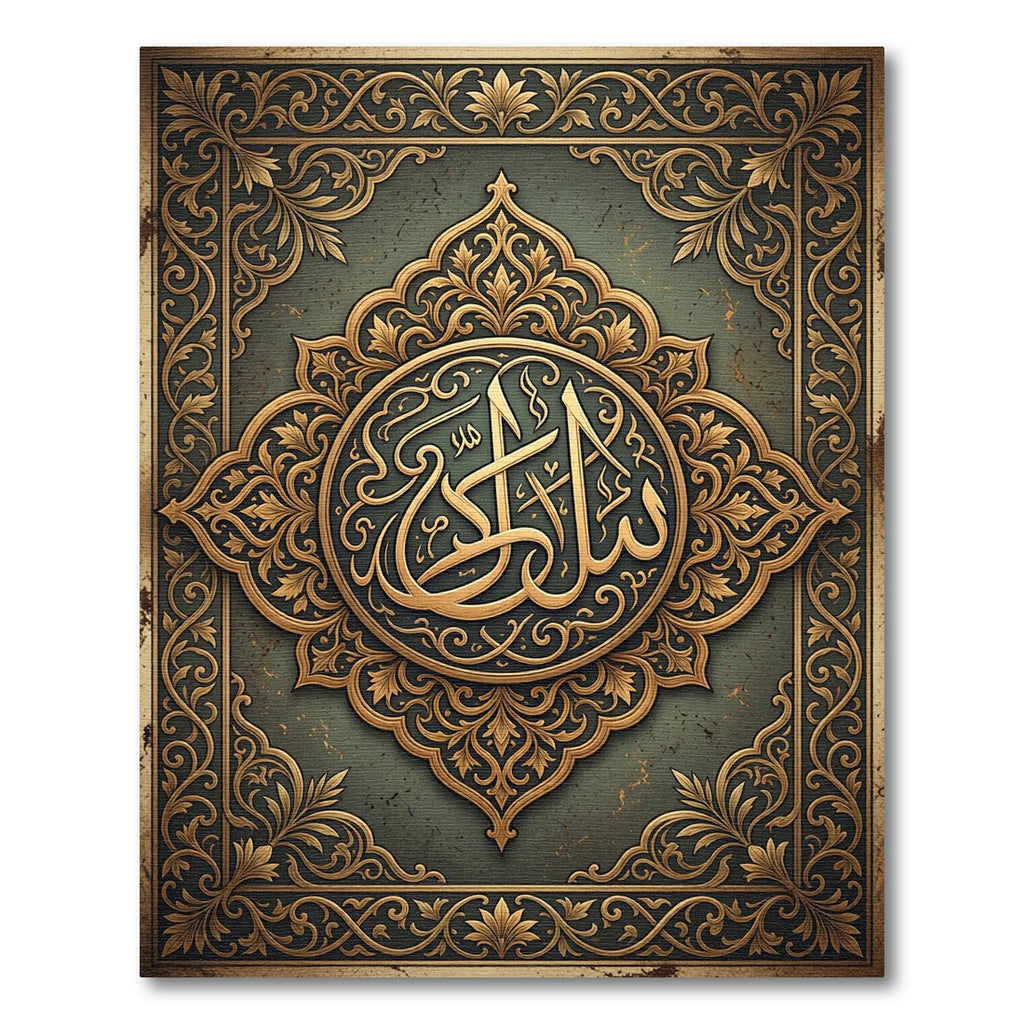 Ornate Golden Arabic Calligraphy Medallion Rug