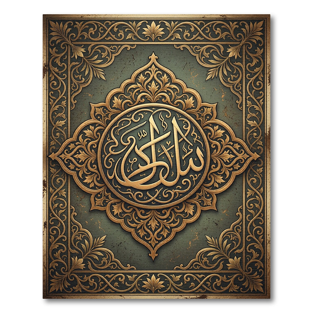 Ornate Golden Arabic Calligraphy Medallion Rug