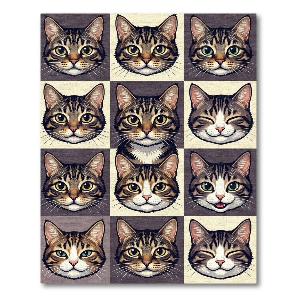 Cute Tabby Cat Grid Illustration Rug