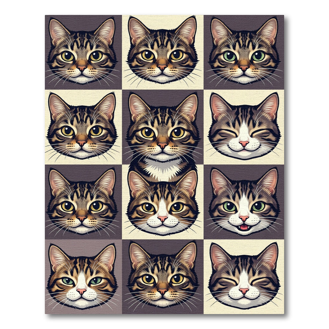 Cute Tabby Cat Grid Illustration Rug