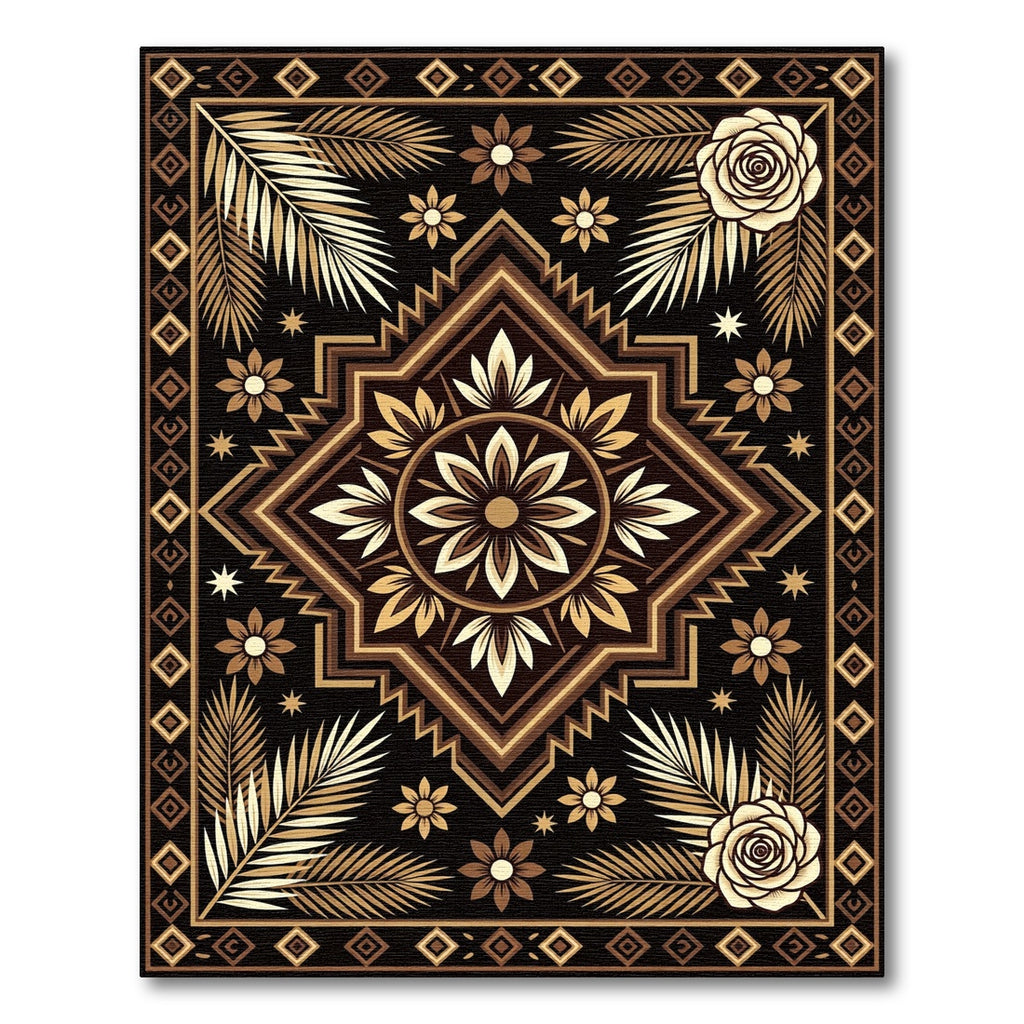 Golden Black Floral Palm Medallion Rug