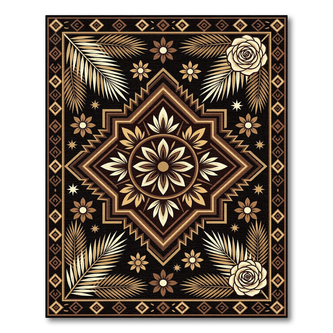 Golden Black Floral Palm Medallion Rug