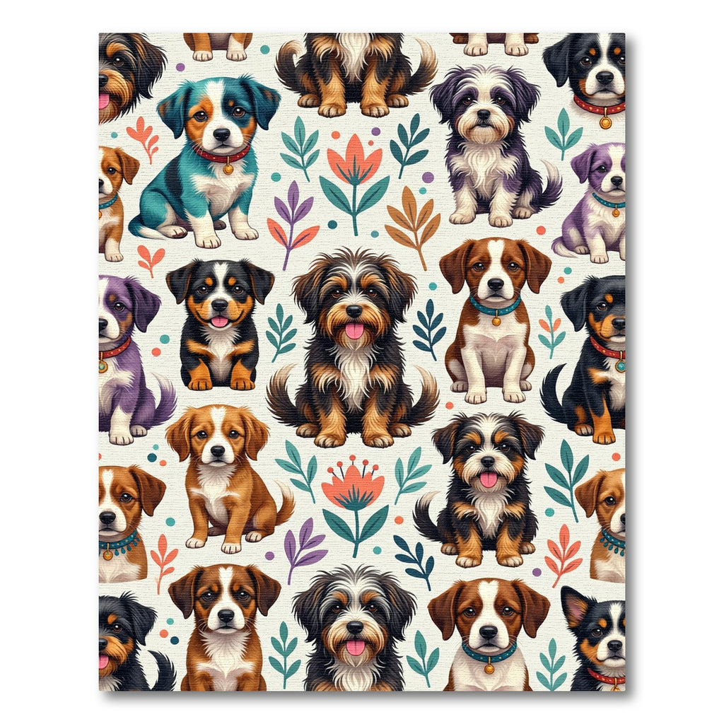 Whimsical Colorful Puppy and Floral Illustration Rug