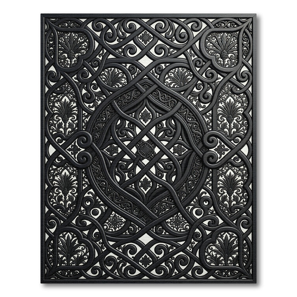 Ornate Black Ironwork Scroll Filigree Rug