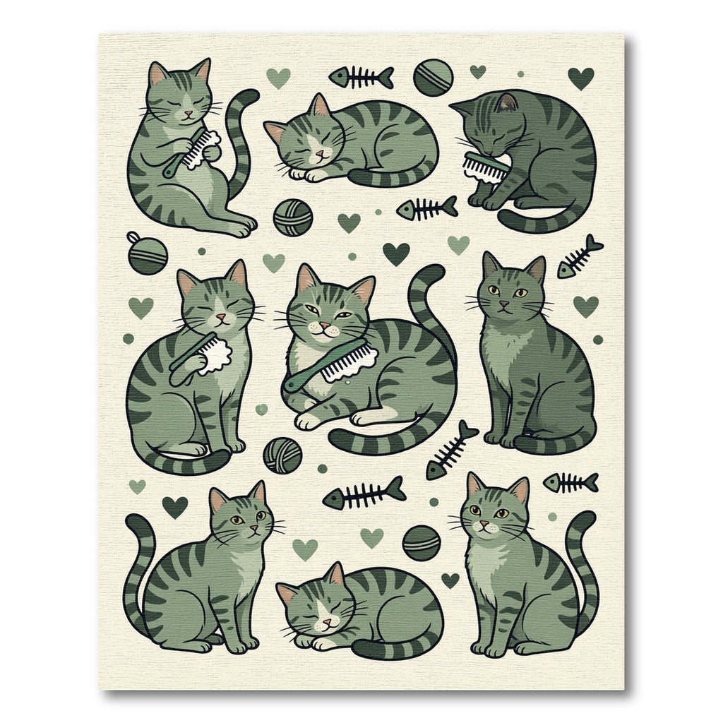 Whimsical Olive Green Tabby Cat Illustration Rug