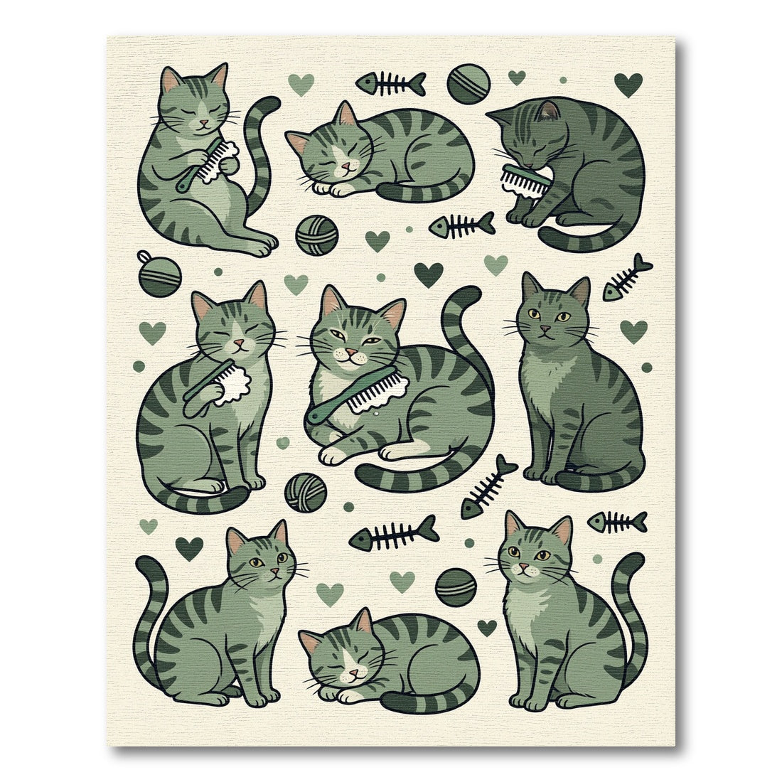 Whimsical Olive Green Tabby Cat Illustration Rug