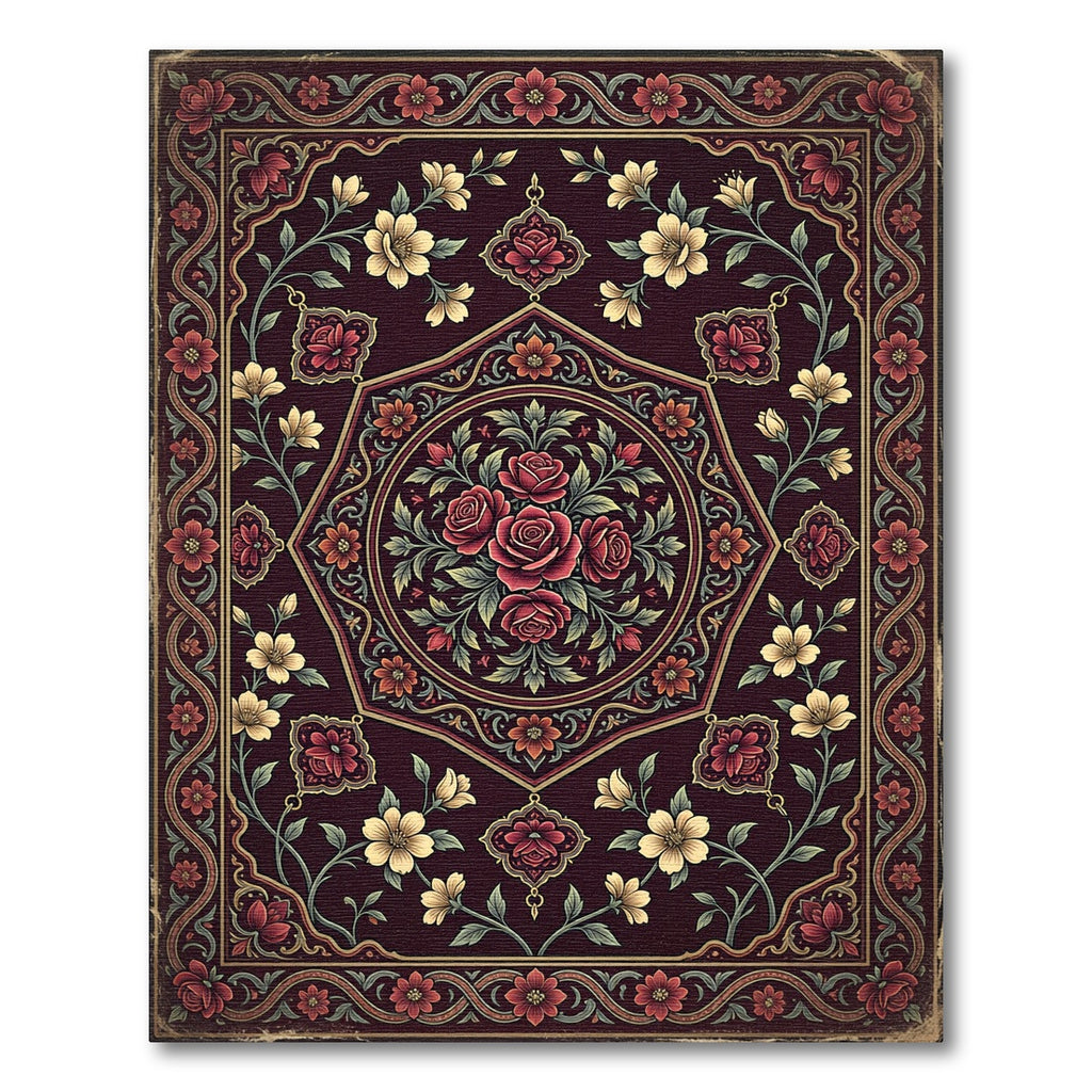 Earthy Burgundy Floral Hexagon Medallion Rug