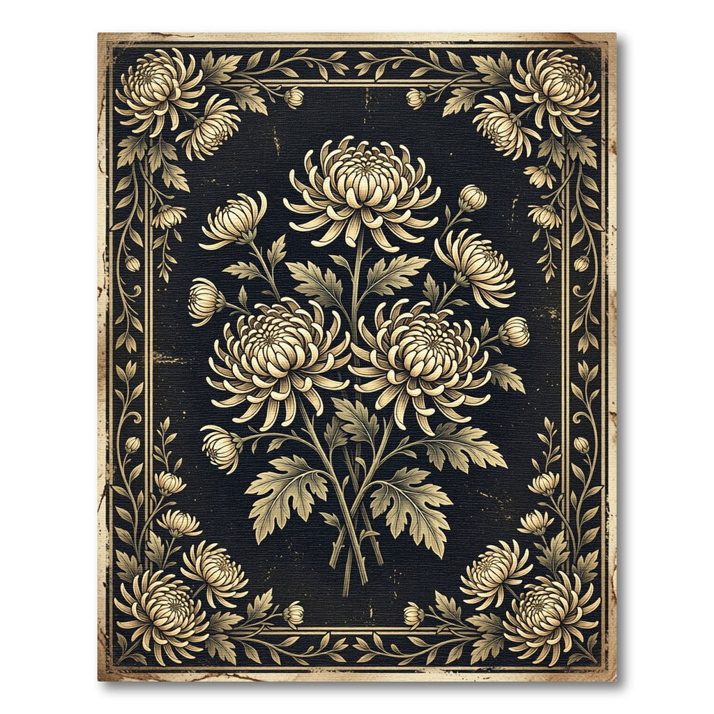 Vintage Gold Black Floral Chrysanthemum Illustration Rug