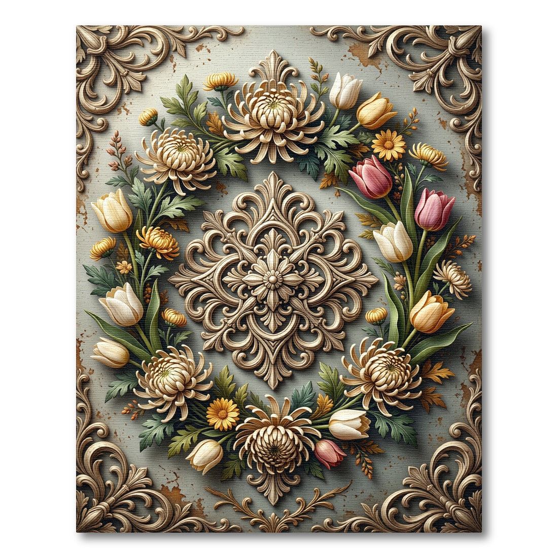 Elegant Beige Floral Medallion Arrangement Rug