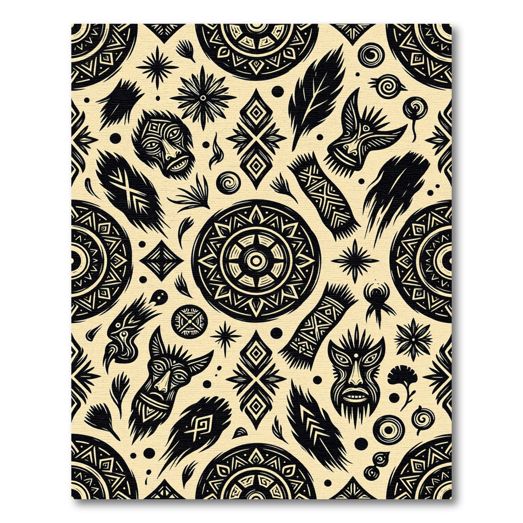 Tribal Masks Stars Feathers Sun Circles Rug