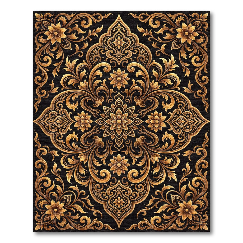 Golden Floral Damask Baroque Rug