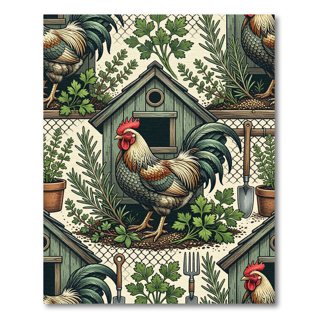 Rustic Rooster and Garden Herb Folk Rug