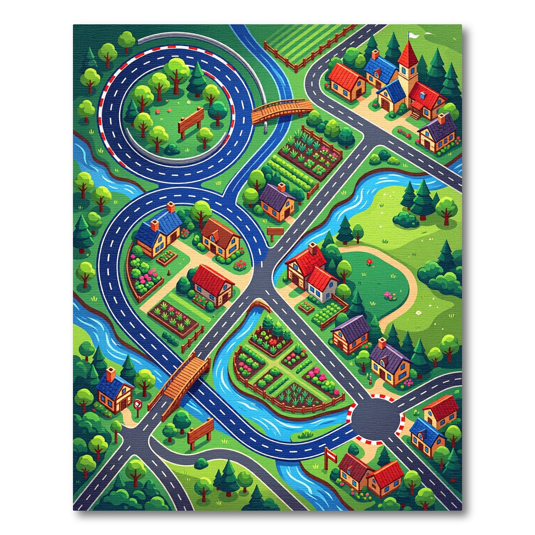 Vibrant Illustrated Countryside Village Roadways Rug