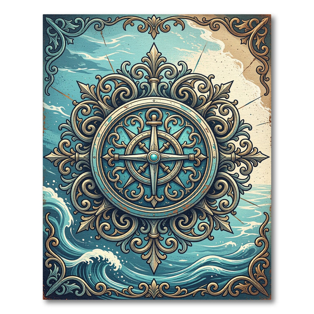 Ornate Teal Compass Nautical Medallion Rug