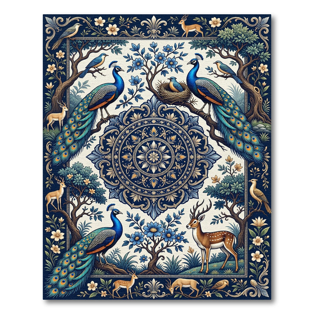 Nature Peacock Deer Floral Landscape Rug