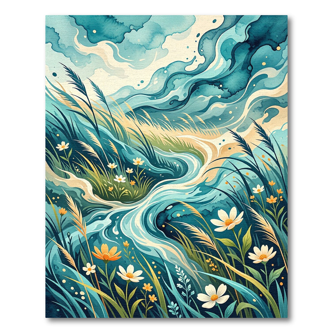 Turquoise Flowing Stream With Reeds Rug