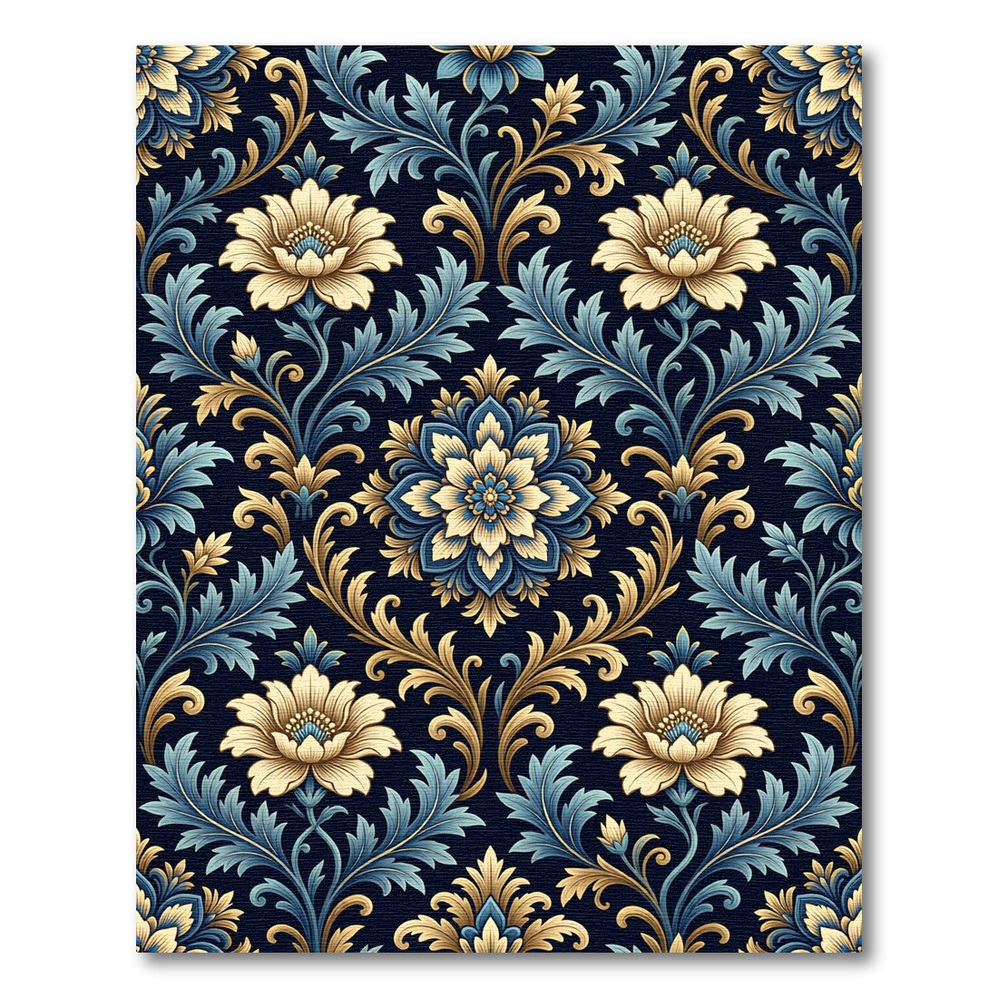 Antique Blue Golden Floral Damask Rug