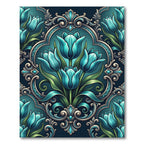 Ornate Teal Tulip Damask Botanical Rug