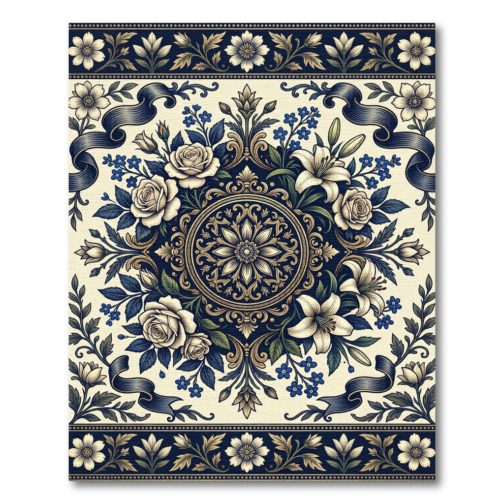 Elegant Navy Floral Cream Medallion Rug