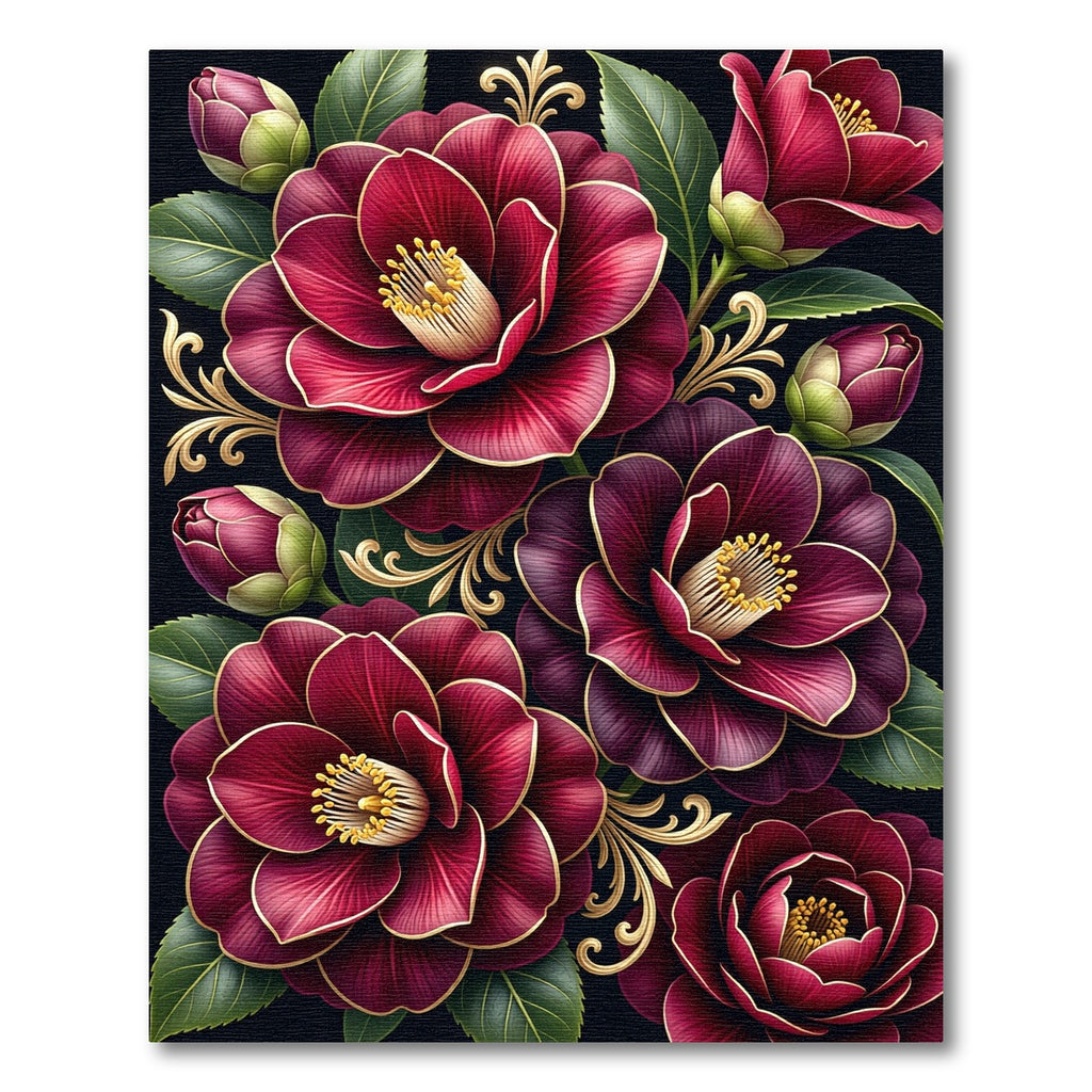 Rich Crimson Bloom Golden Swirl Rug