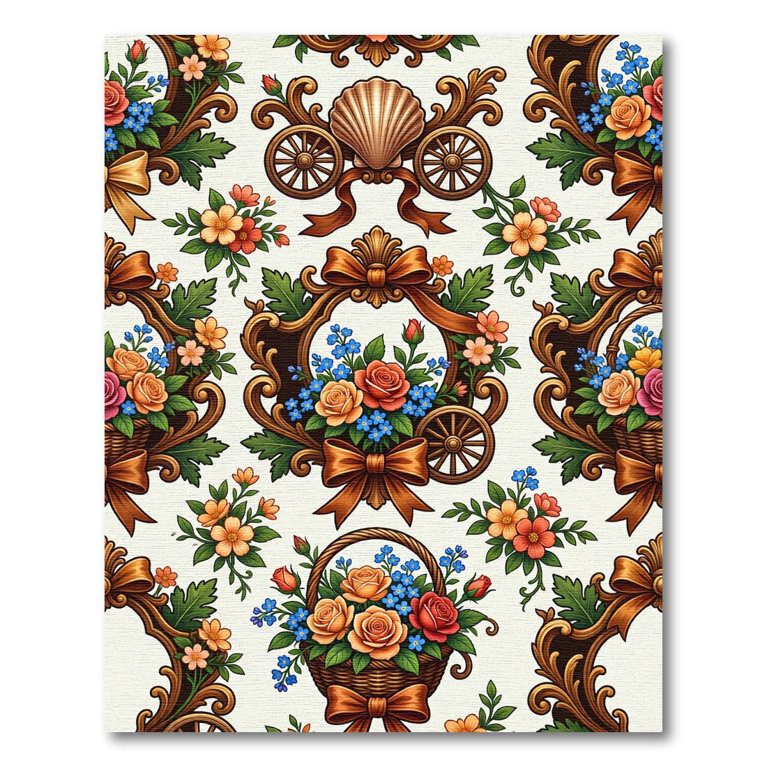 Ornate Floral Basket Wagon Motif Rug