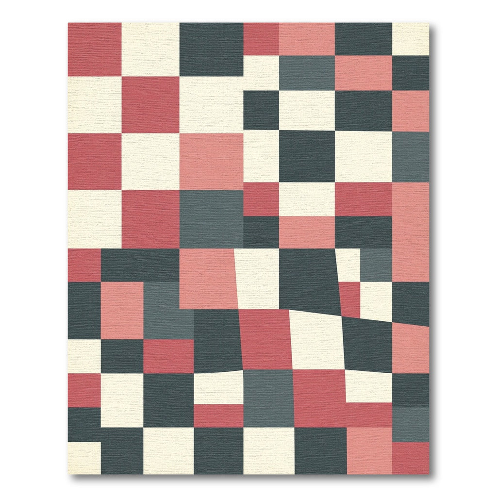 Modern Geometric Block Grid in Muted Coral and Slate Rug