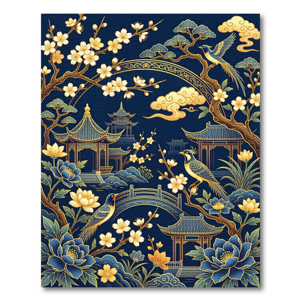 Golden Chinoiserie Floral Pagoda Navy Rug