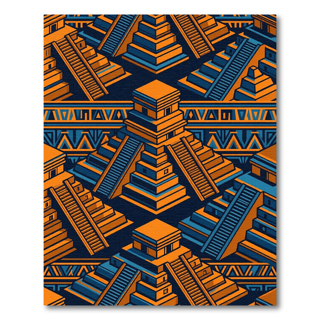 Geometric Orange Blue Aztec Pyramid Artwork Rug