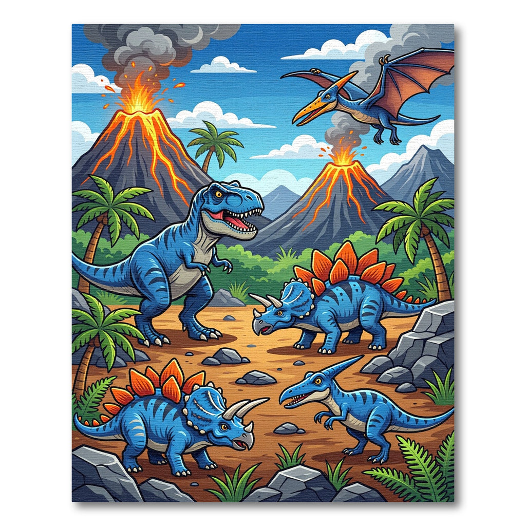 Vibrant Volcanic Blue Dinosaur Landscape Rug