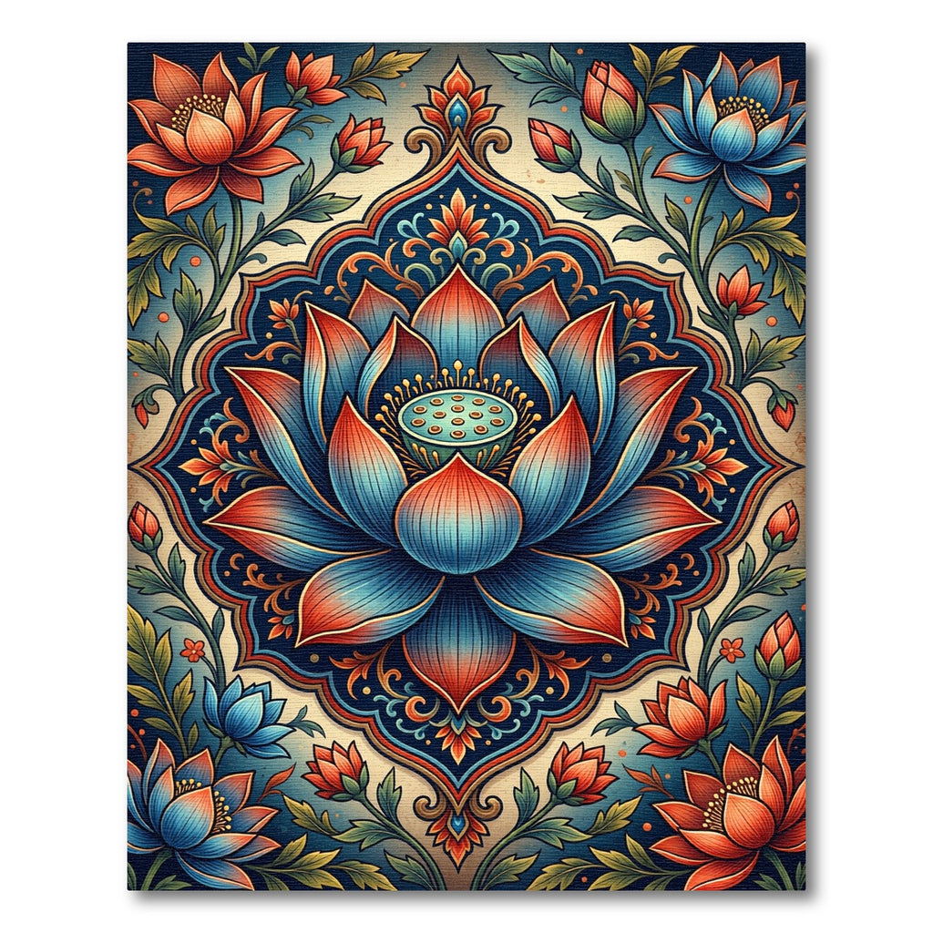 Indigo And Crimson Lotus Mandala Rug