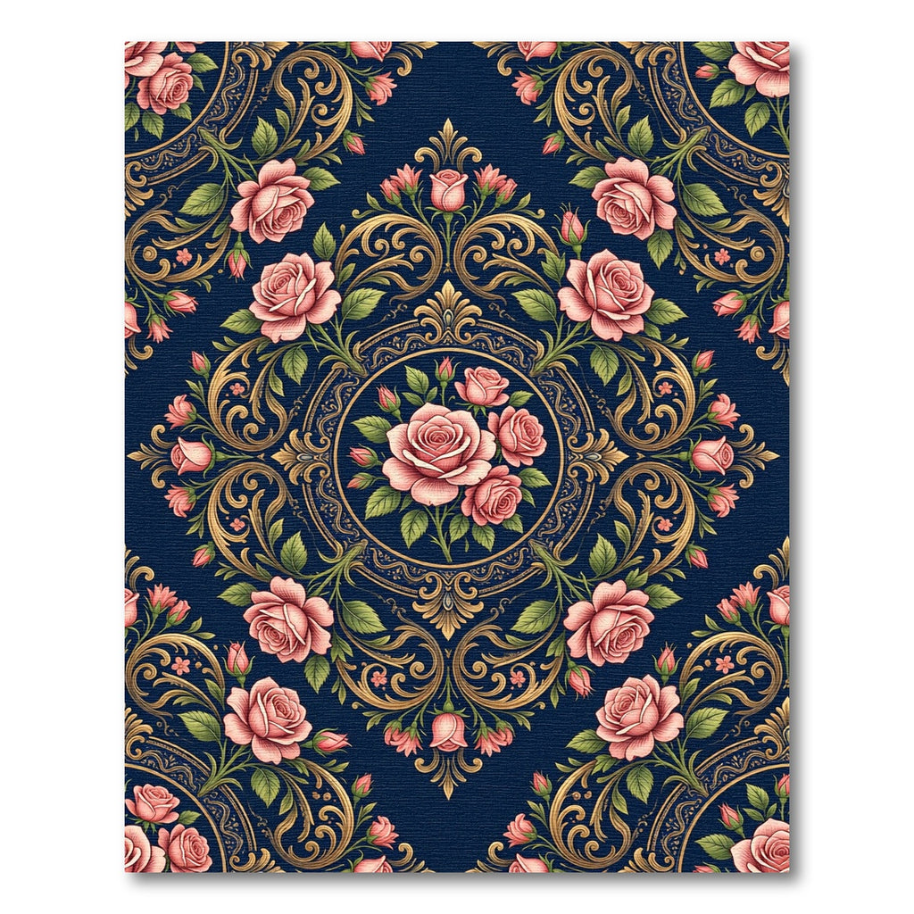 Elegant Navy Gold Rose Floral Medallion Rug