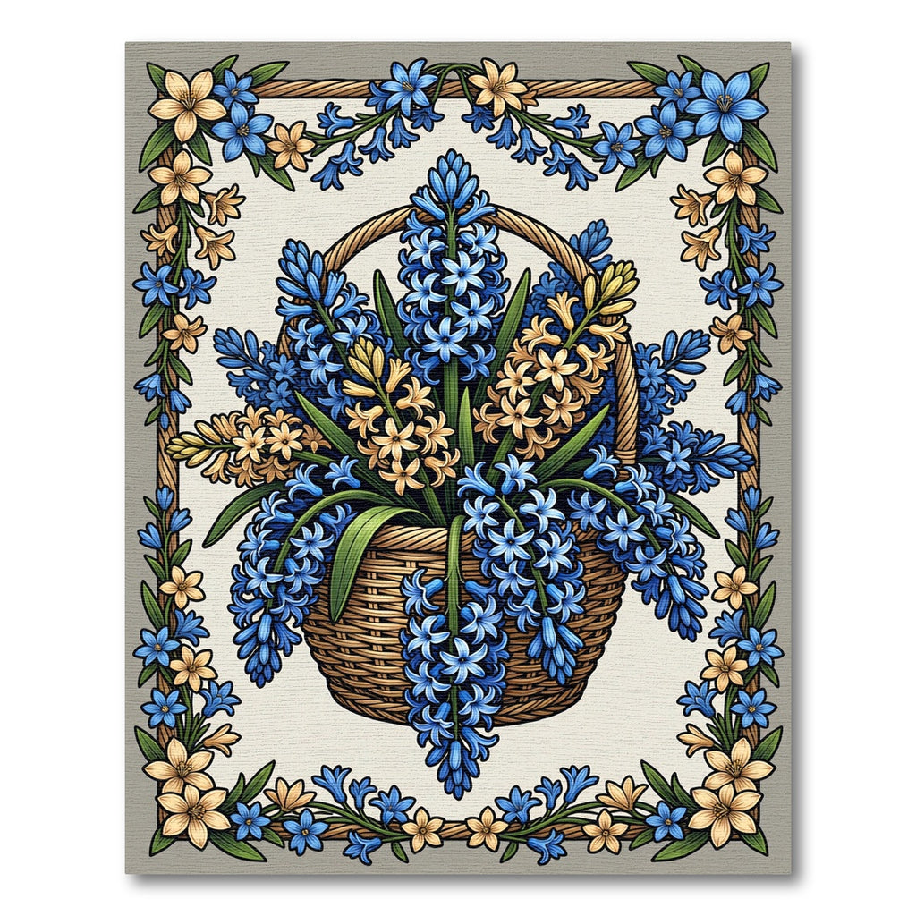 Blue and Cream Hyacinth Flower Basket Rug