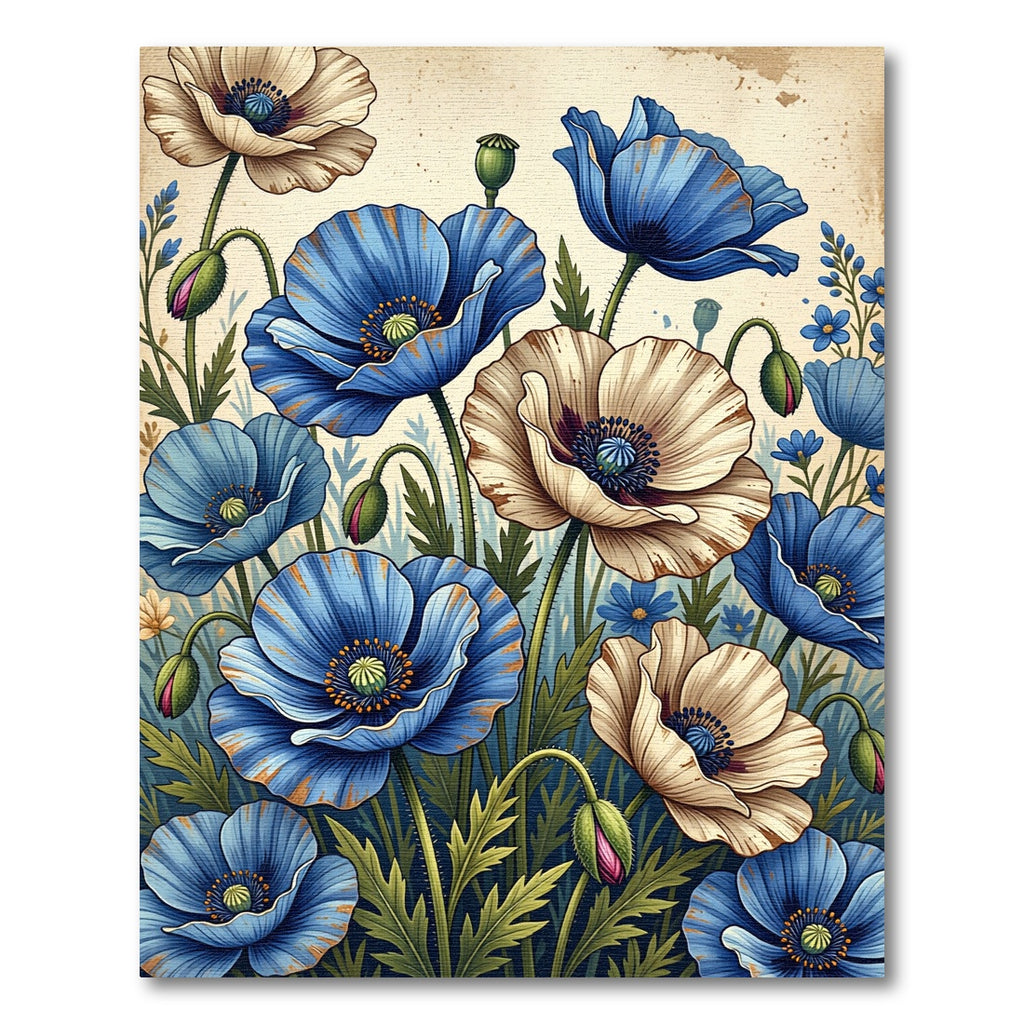 Blue Cream Poppy Garden Arrangement Rug