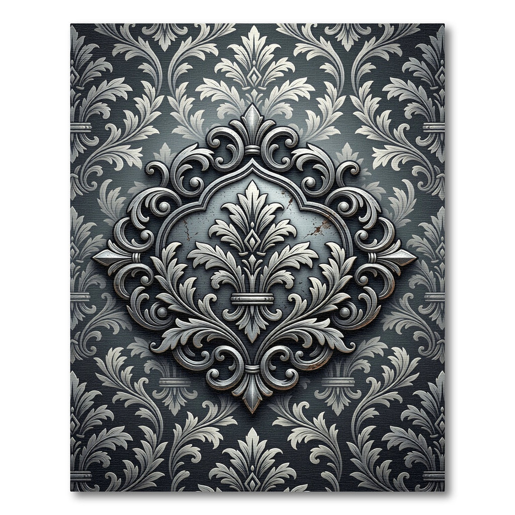 Elegant Silver Damask Filigree Medallion Rug