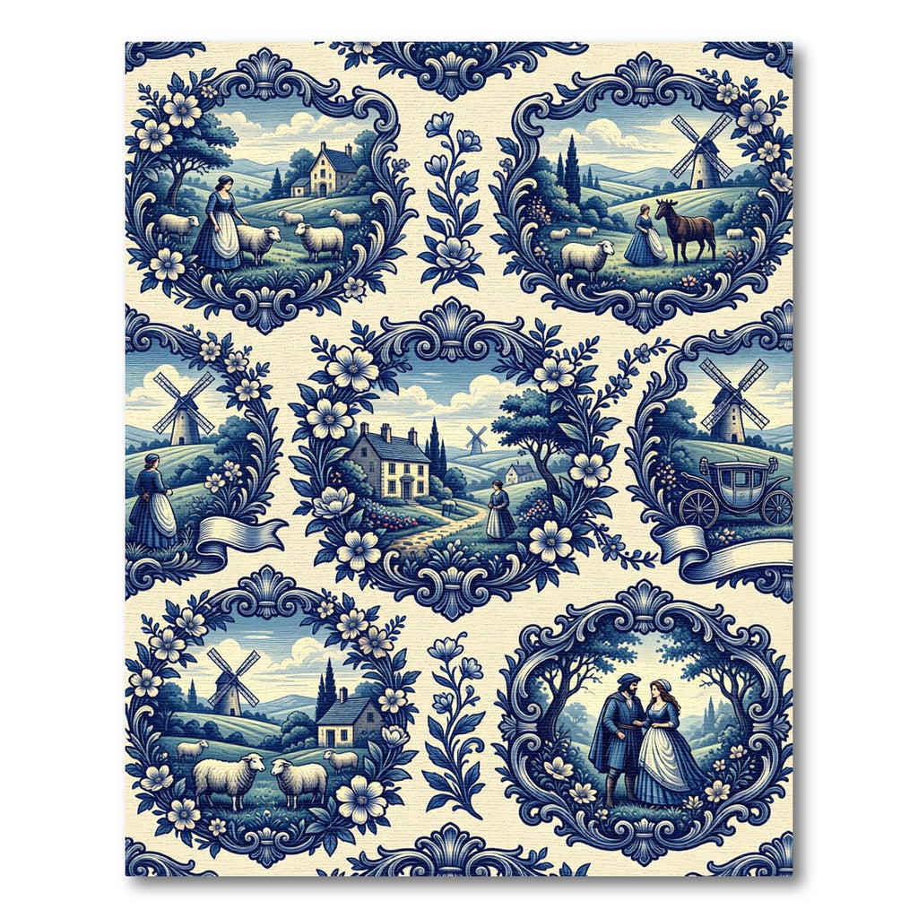 Indigo Scenic Scrollwork Farm Scene Rug