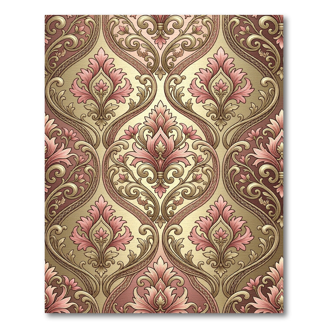 Ornate Pink Floral Damask Gold Rug