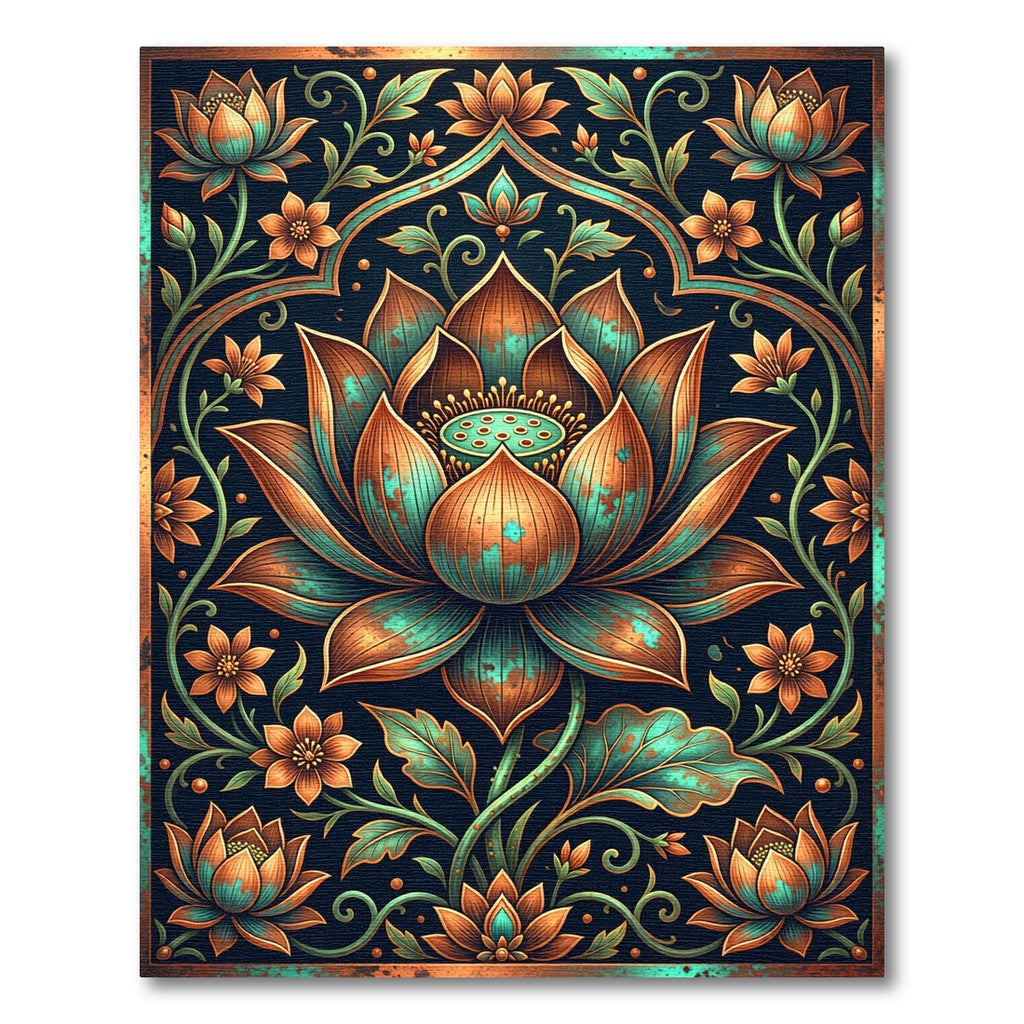 Copper Teal Lotus Floral Art Rug