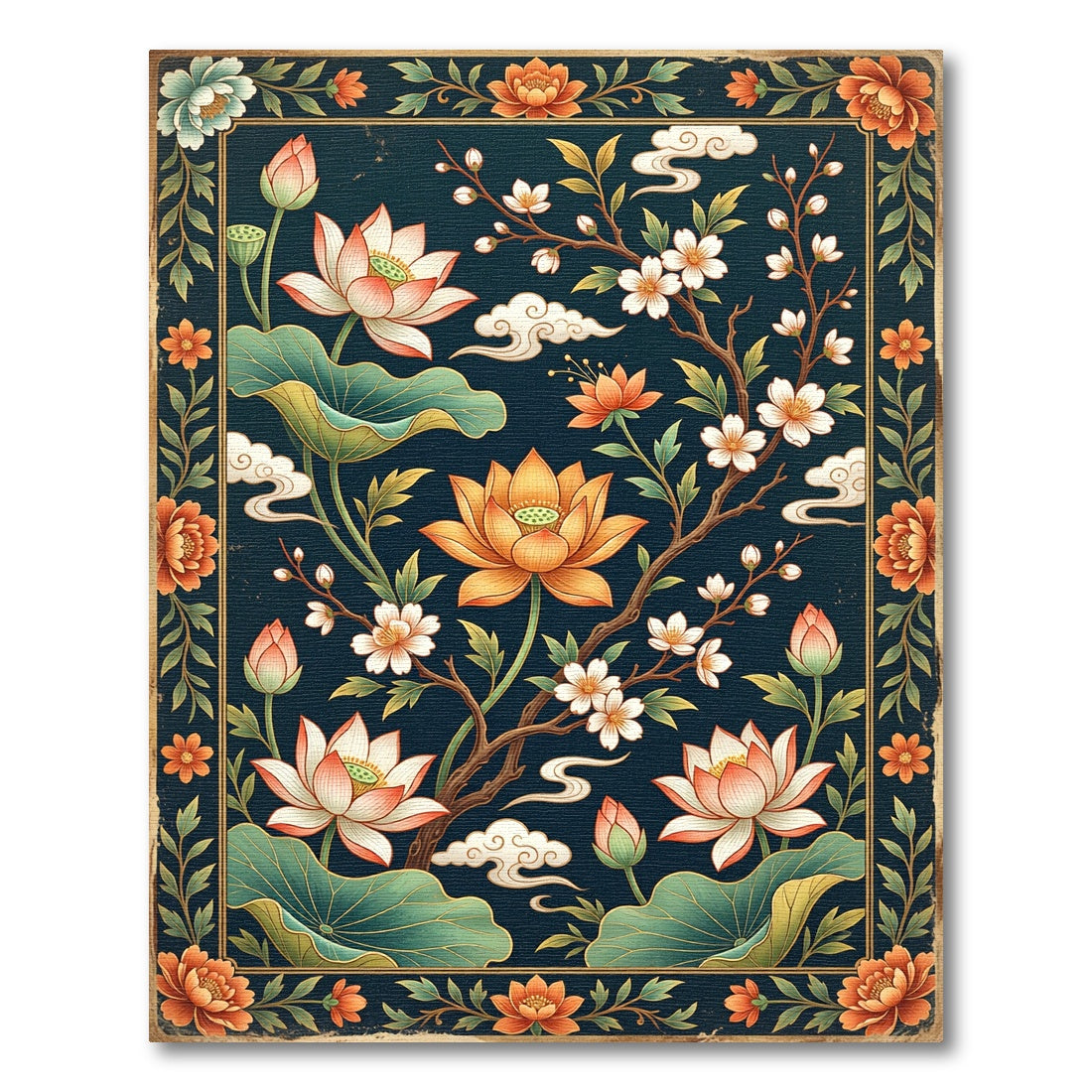 Elegant Navy Lotus Blossom Botanical Rug